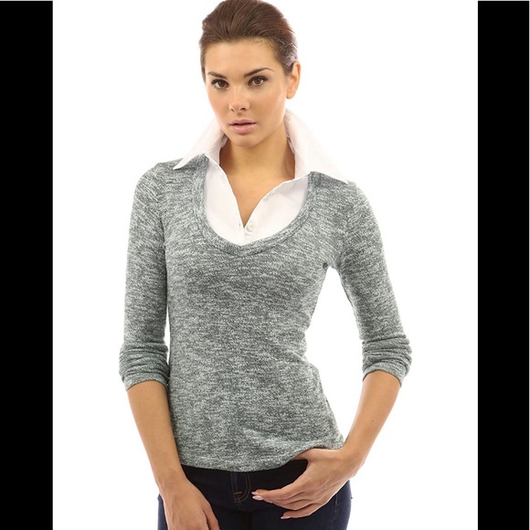 PattyBoutik Tops - Layered-Look Collar Marled Blouse green and white